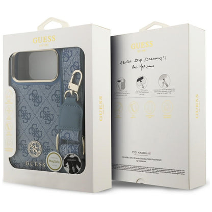 Custodia MagSafe per Apple iPhone 17 Pro Max, Guess, 4G Strass Logo con Grande Cinturino, Blu