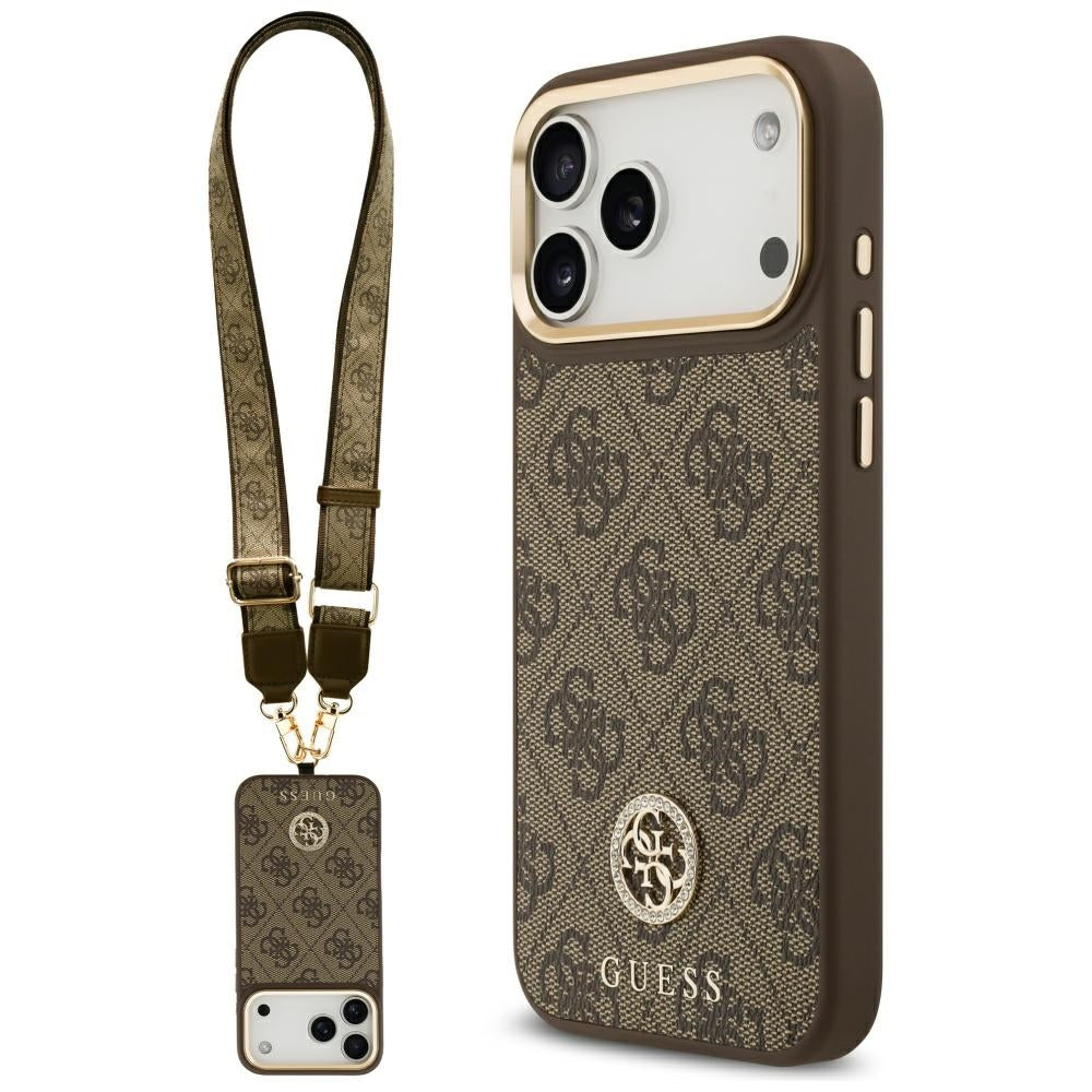 Custodia MagSafe per Apple iPhone 17 Pro Max, Guess, 4G Strass Logo con Cinturino Grande, Marrone