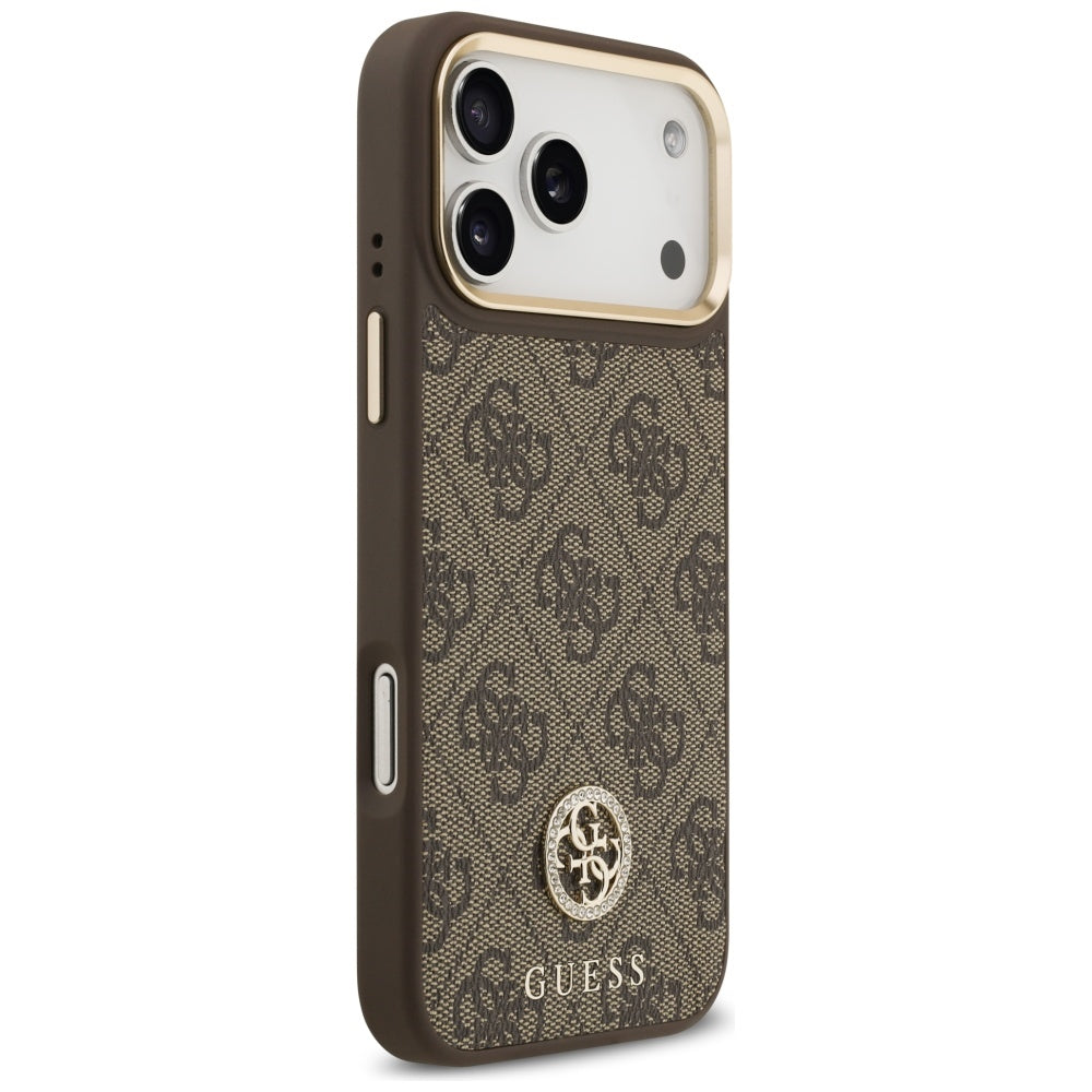 Custodia MagSafe per Apple iPhone 17 Pro Max, Guess, 4G Strass Logo con Cinturino Grande, Marrone