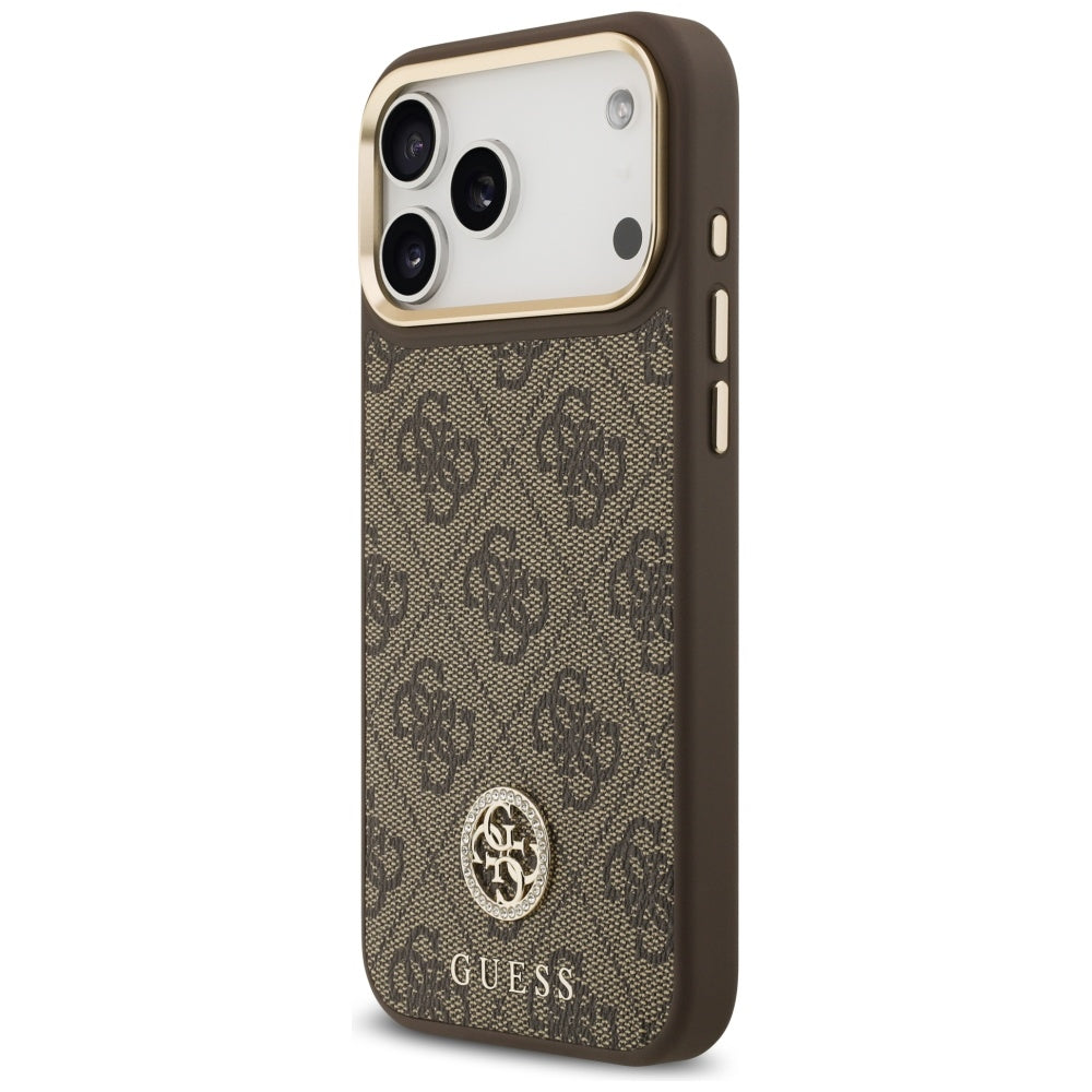 Custodia MagSafe per Apple iPhone 17 Pro Max, Guess, 4G Strass Logo con Cinturino Grande, Marrone