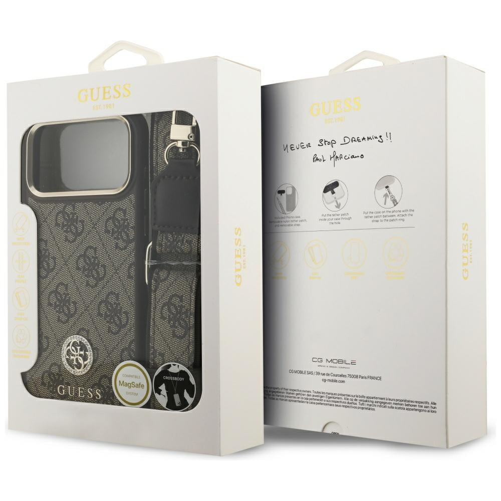 Custodia MagSafe per Apple iPhone 17 Pro Max, Guess, 4G Strass Logo con Cinturino Grande, Marrone
