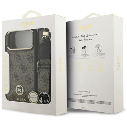 Custodia MagSafe per Apple iPhone 17 Pro Max, Guess, 4G Strass Logo con Cinturino Grande, Marrone