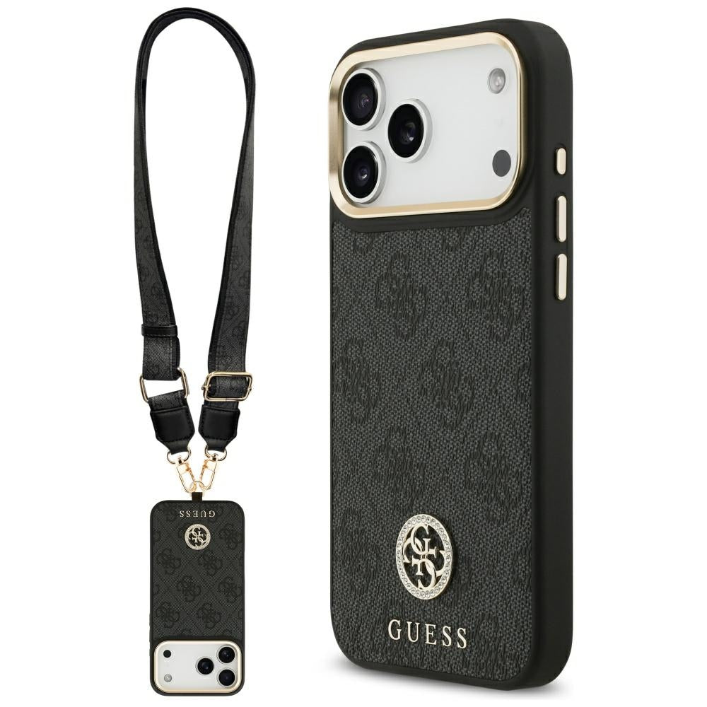 Custodia MagSafe per Apple iPhone 17 Pro Max, Guess, 4G Strass Logo con Grande Cinturino, Nera