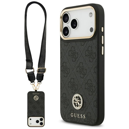Custodia MagSafe per Apple iPhone 17 Pro Max, Guess, 4G Strass Logo con Grande Cinturino, Nera