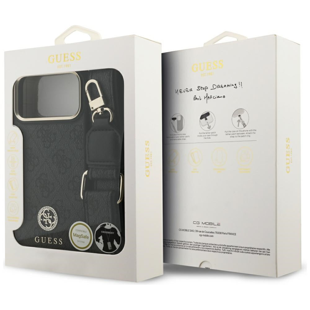 Custodia MagSafe per Apple iPhone 17 Pro Max, Guess, 4G Strass Logo con Grande Cinturino, Nera