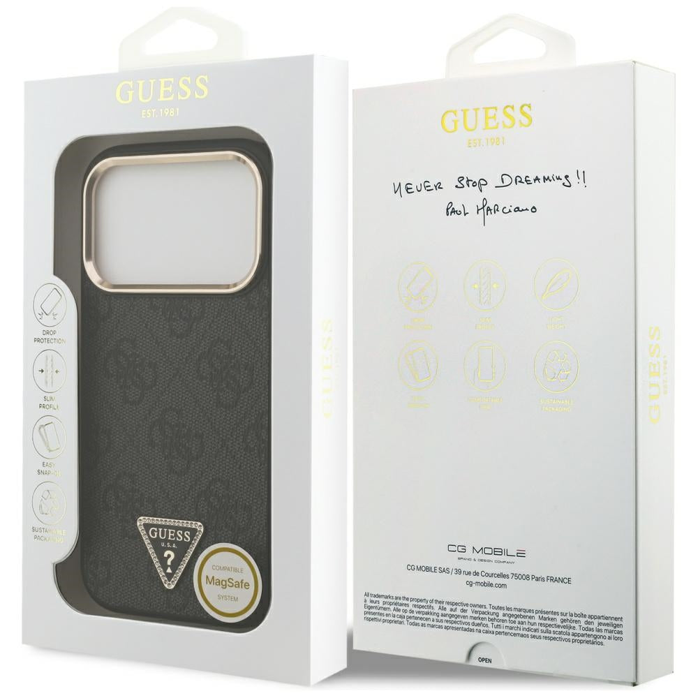 Custodia MagSafe per Apple iPhone 17 Pro Max, Guess, logo 4G Triangle Diamond, Nera