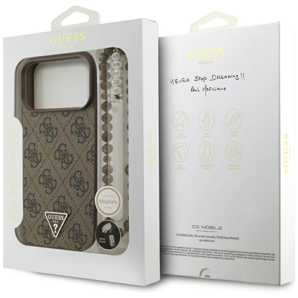 Custodia MagSafe per Apple iPhone 17 Pro Max, Guess, 4G Triangle Logo Cord Strap, Marrone