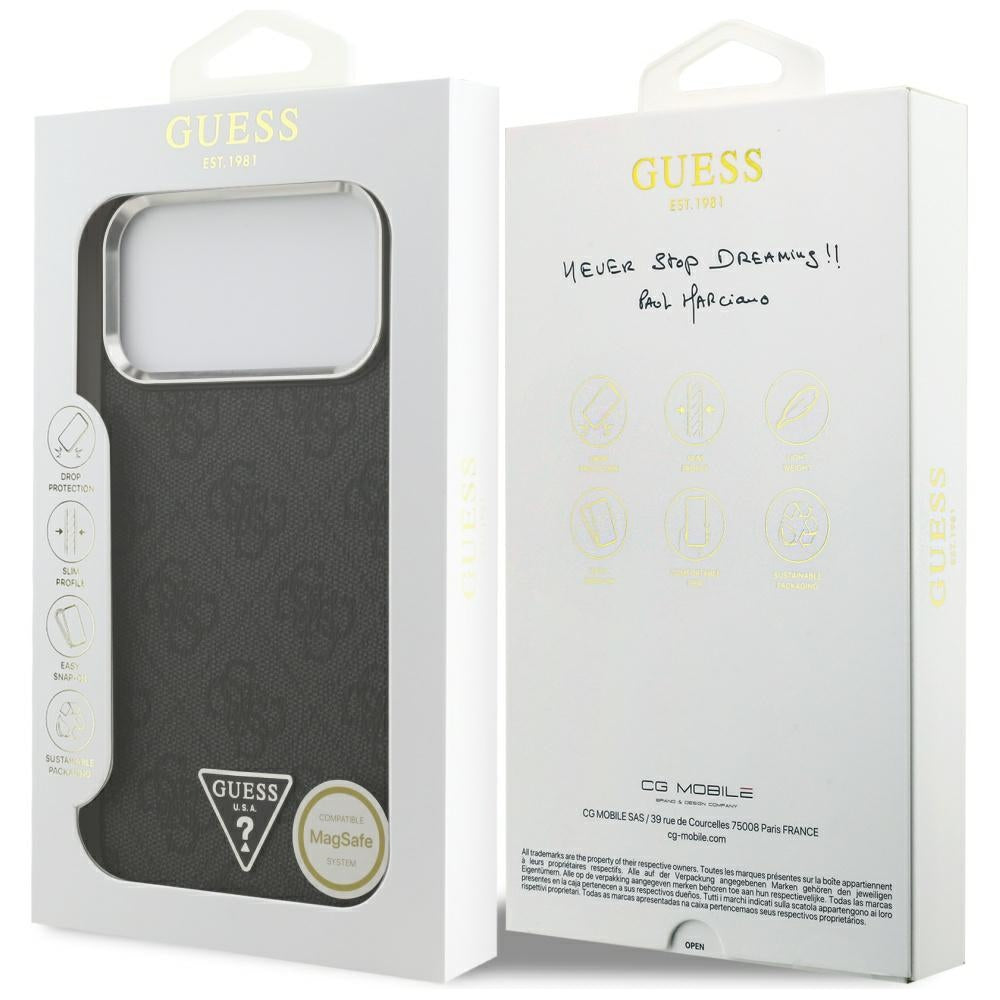 Custodia MagSafe per Apple iPhone 17 Pro Max, Guess, Logo Triangolo 4G, Nera Argentata
