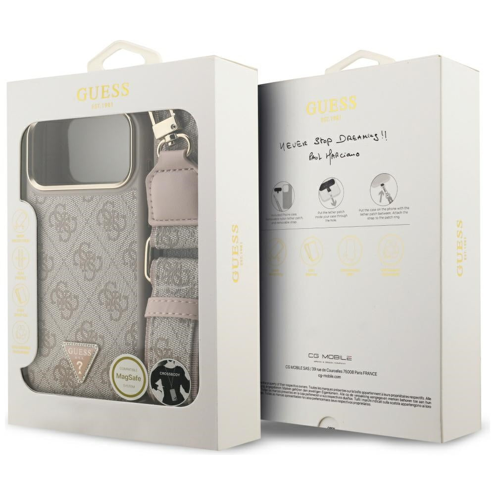 Custodia MagSafe per Apple iPhone 17 Pro Max, Guess, Logo Triangolo 4G con Grande Cinturino, Rosa