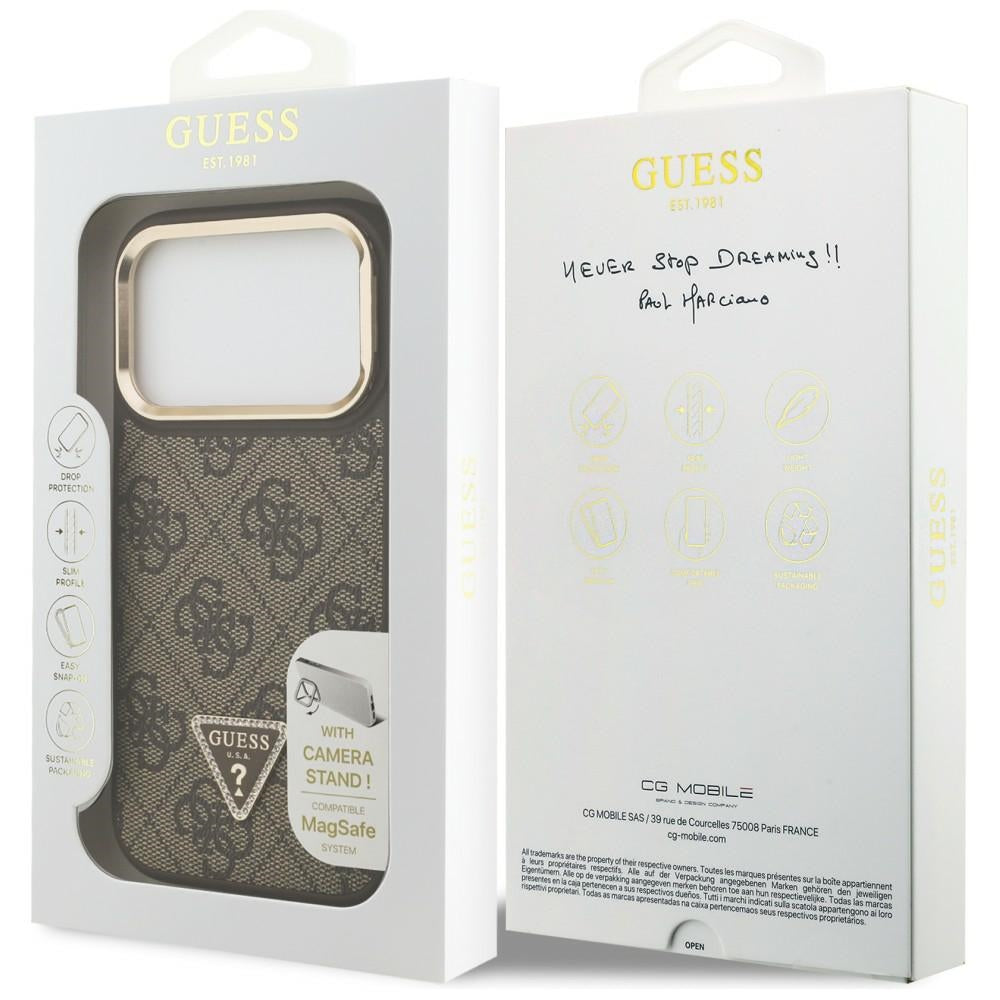 Custodia MagSafe per Apple iPhone 17 Pro Max, Guess, Logo Triangolo 4G con Supporto Fotocamera, Marrone Dorato