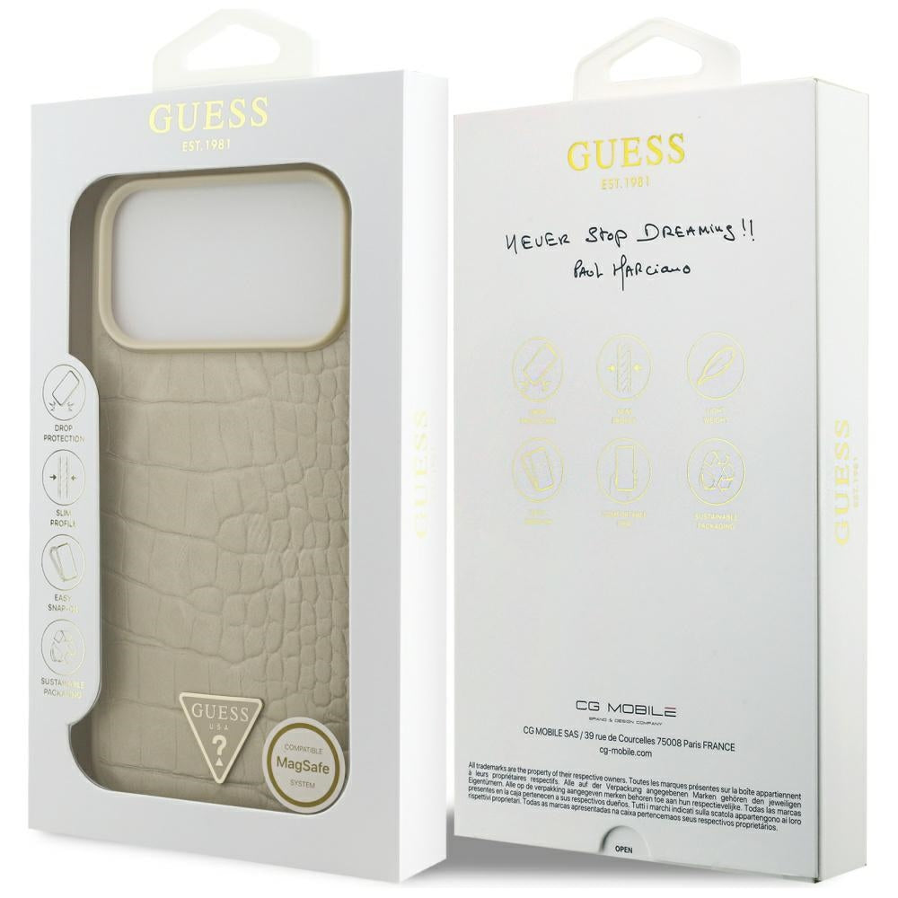 Custodia MagSafe per Apple iPhone 17 Pro Max, Guess, Croco Triangle Logo, Dorata