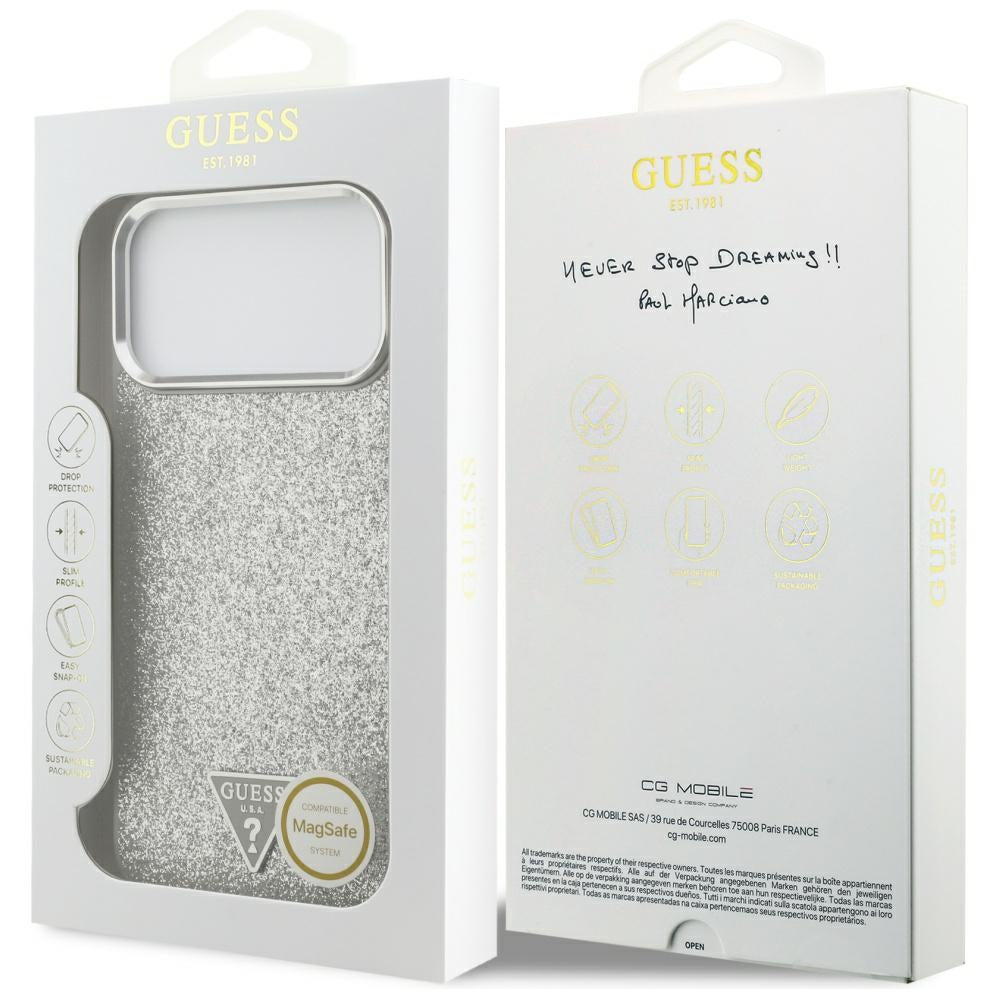 Custodia MagSafe per Apple iPhone 17 Pro Max, Guess, Glitter Triangle Logo, Argento