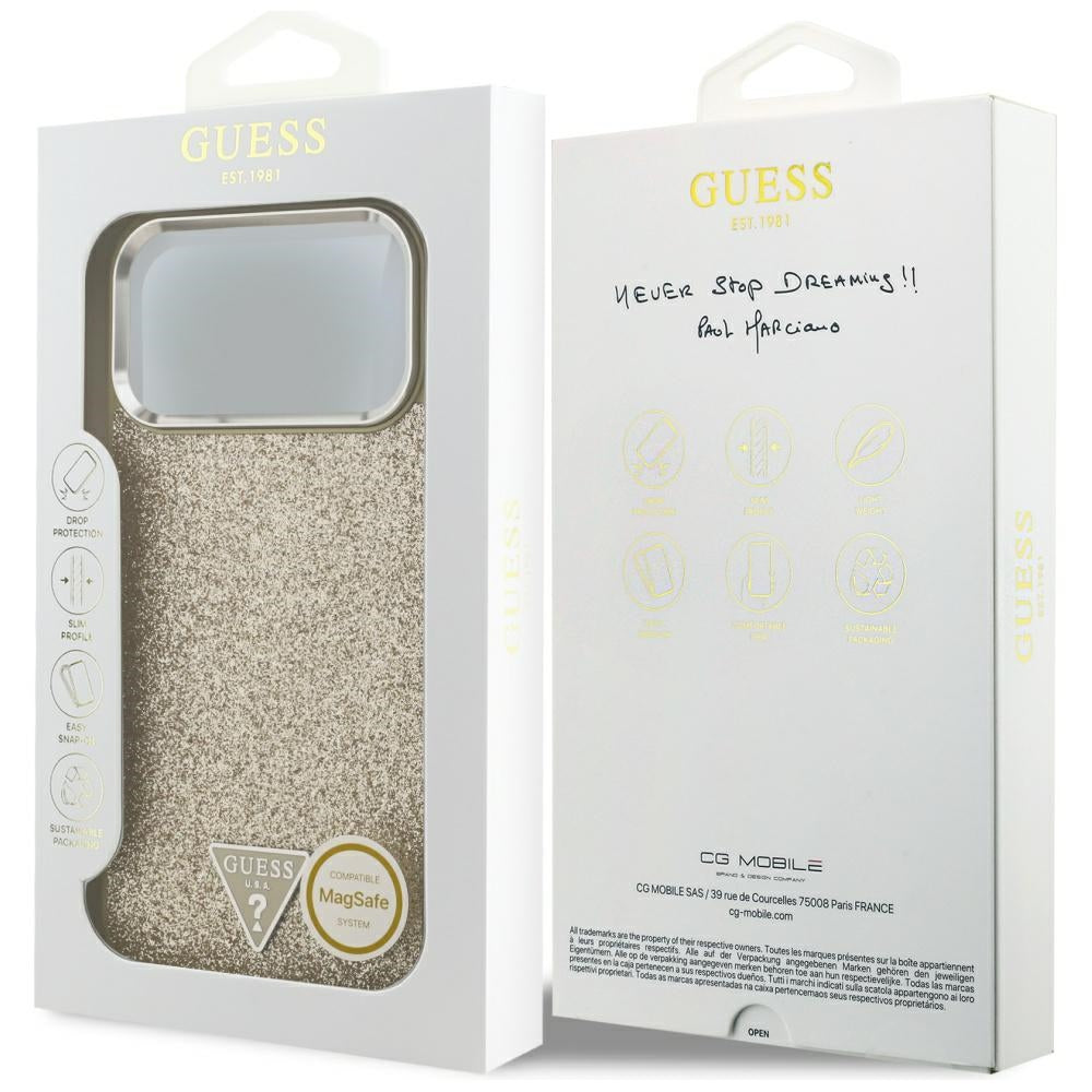 Custodia MagSafe per Apple iPhone 17 Pro Max, Guess, Glitter Triangle Logo, Dorata