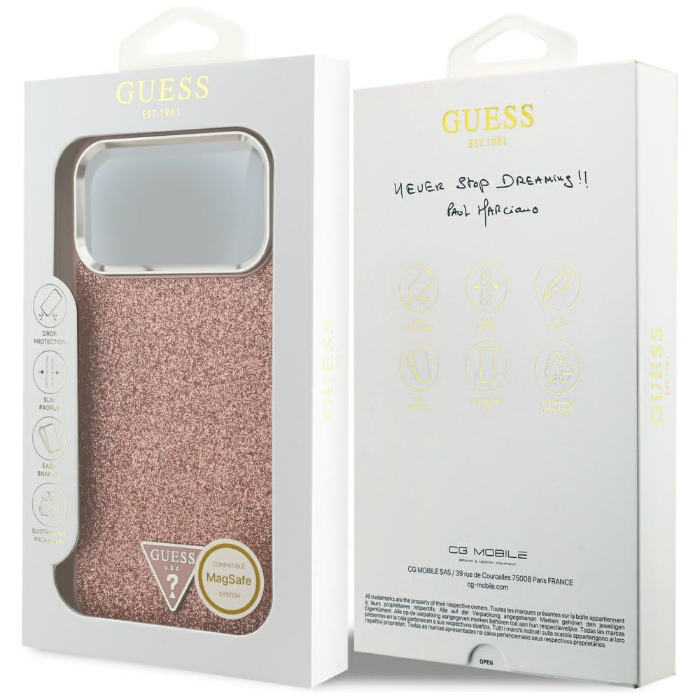 Custodia MagSafe per Apple iPhone 17 Pro Max, Guess, Glitter Triangle Logo, Rosa