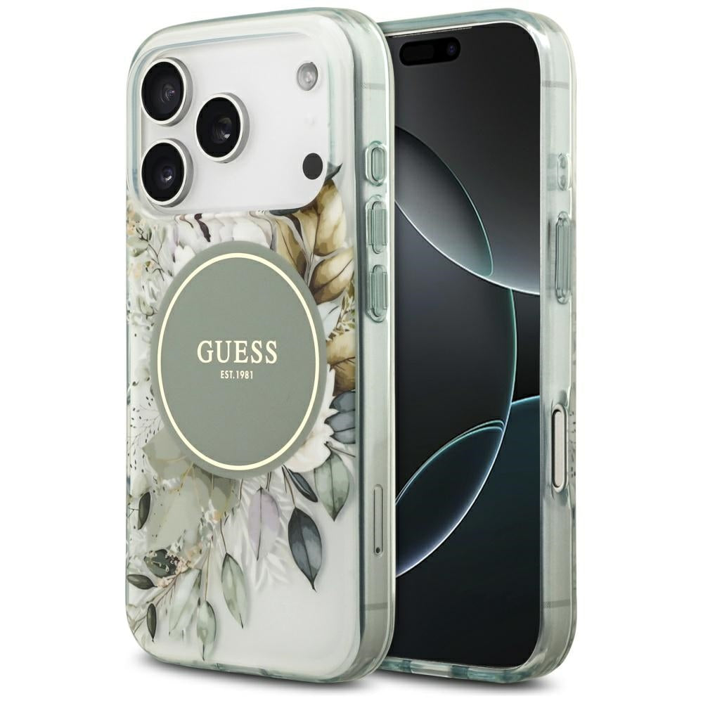 Custodia MagSafe per Apple iPhone 17 Pro Max, Guess, IML Flower & Tonal Circle, Verde