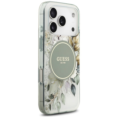 Custodia MagSafe per Apple iPhone 17 Pro Max, Guess, IML Flower & Tonal Circle, Verde