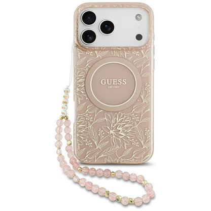 Custodia MagSafe per Apple iPhone 17 Pro Max, Guess, IML Flowers Allover Electroplated with Pearl Strap, Rosa
