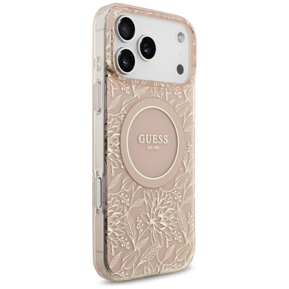 Custodia MagSafe per Apple iPhone 17 Pro Max, Guess, IML Flowers Allover Electroplated with Pearl Strap, Rosa