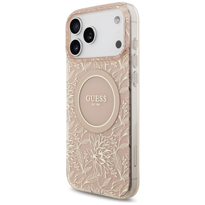 Custodia MagSafe per Apple iPhone 17 Pro Max, Guess, IML Flowers Allover Electroplated with Pearl Strap, Rosa