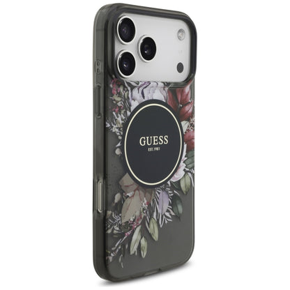 Custodia MagSafe per Apple iPhone 17 Pro Max, Guess, IML Flowers with Pearl Strap, Nera