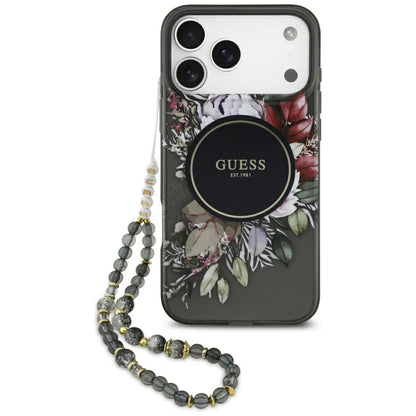 Custodia MagSafe per Apple iPhone 17 Pro Max, Guess, IML Flowers with Pearl Strap, Nera