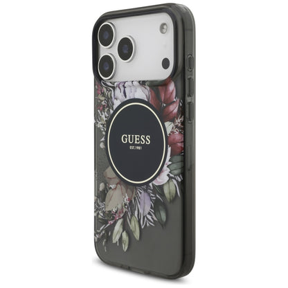 Custodia MagSafe per Apple iPhone 17 Pro Max, Guess, IML Flowers with Pearl Strap, Nera