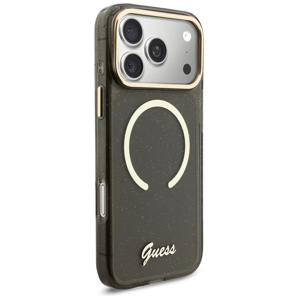 Custodia MagSafe per Apple iPhone 17 Pro Max, Guess, IML Glitter Script Strap, Nera
