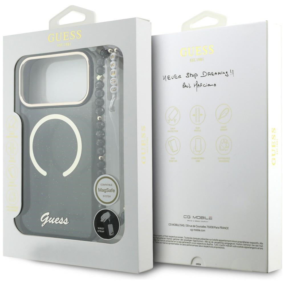 Custodia MagSafe per Apple iPhone 17 Pro Max, Guess, IML Glitter Script Strap, Nera