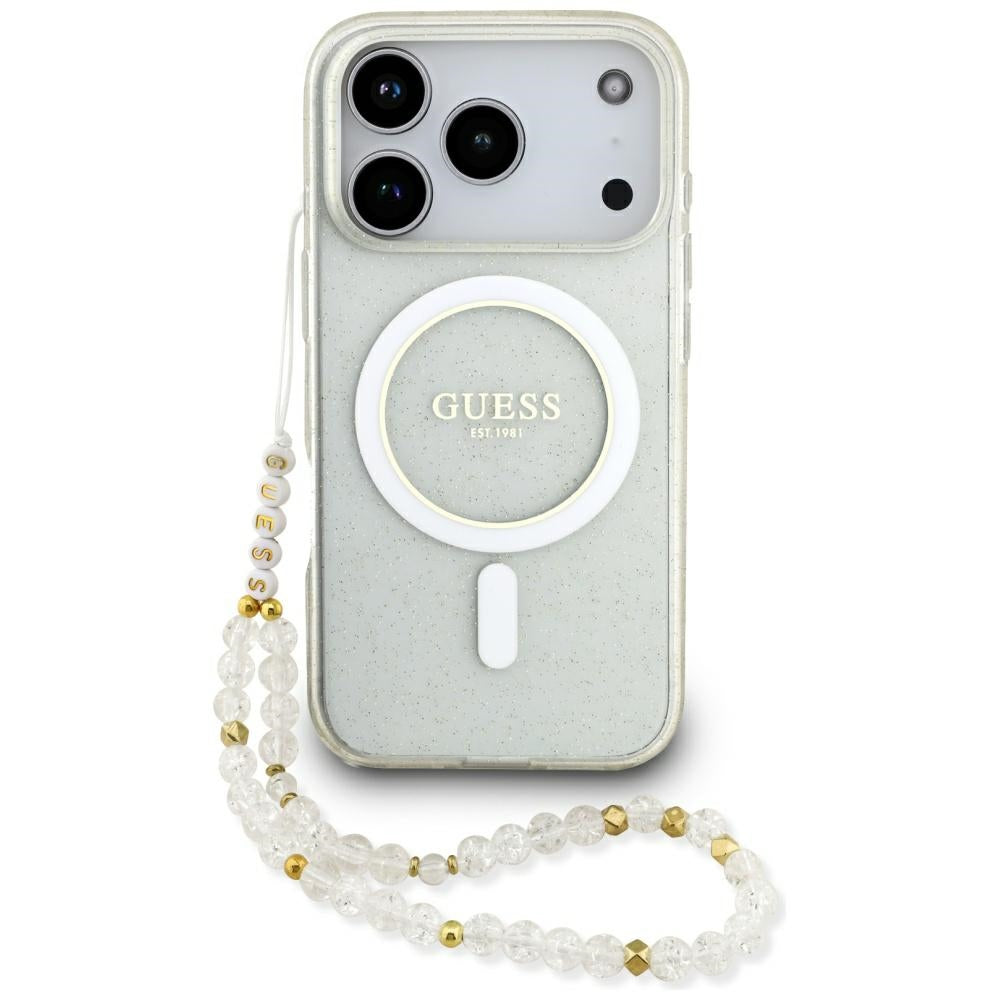 Custodia MagSafe per Apple iPhone 17 Pro Max, Guess, IML Glitter con Cinturino di Perle, Trasparente