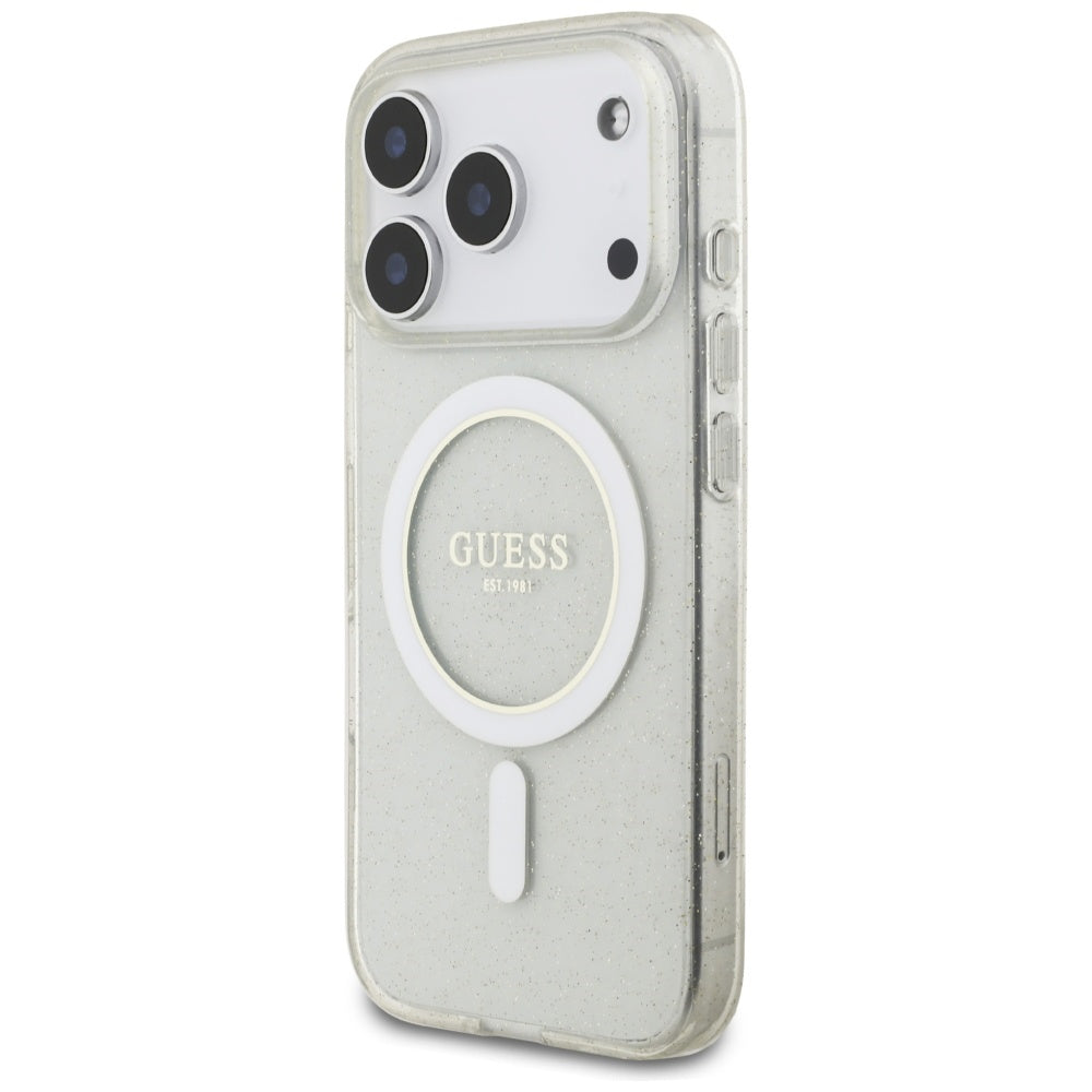 Custodia MagSafe per Apple iPhone 17 Pro Max, Guess, IML Glitter con Cinturino di Perle, Trasparente