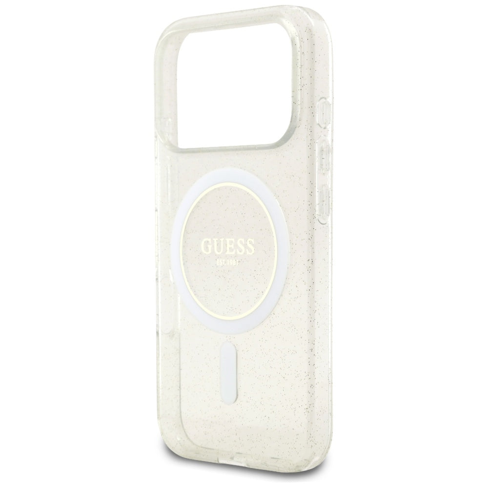Custodia MagSafe per Apple iPhone 17 Pro Max, Guess, IML Glitter con Cinturino di Perle, Trasparente