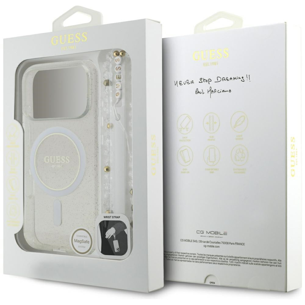 Custodia MagSafe per Apple iPhone 17 Pro Max, Guess, IML Glitter con Cinturino di Perle, Trasparente