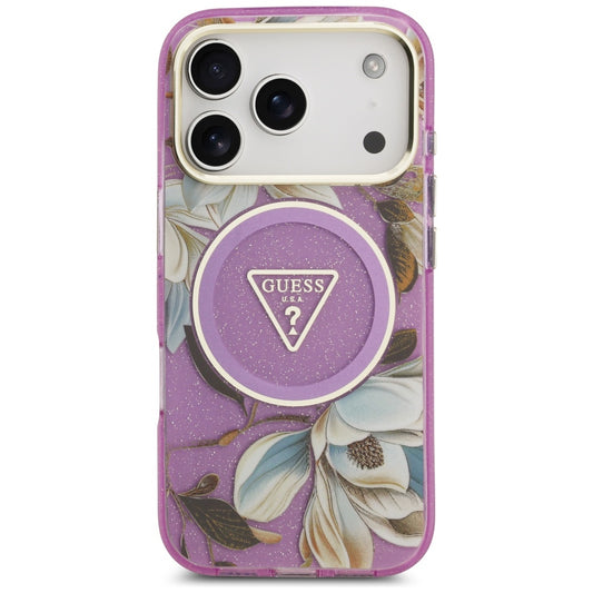Custodia MagSafe per Apple iPhone 17 Pro Max, Guess, IML Metal Glitter Flowers Triangle, Viola