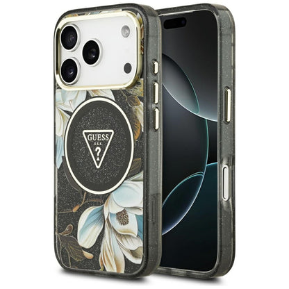 Custodia MagSafe per Apple iPhone 17 Pro Max, Guess, IML Metal Glitter Flowers Triangle, Nera