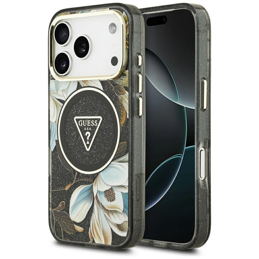 Custodia MagSafe per Apple iPhone 17 Pro Max, Guess, IML Metal Glitter Flowers Triangle, Nera