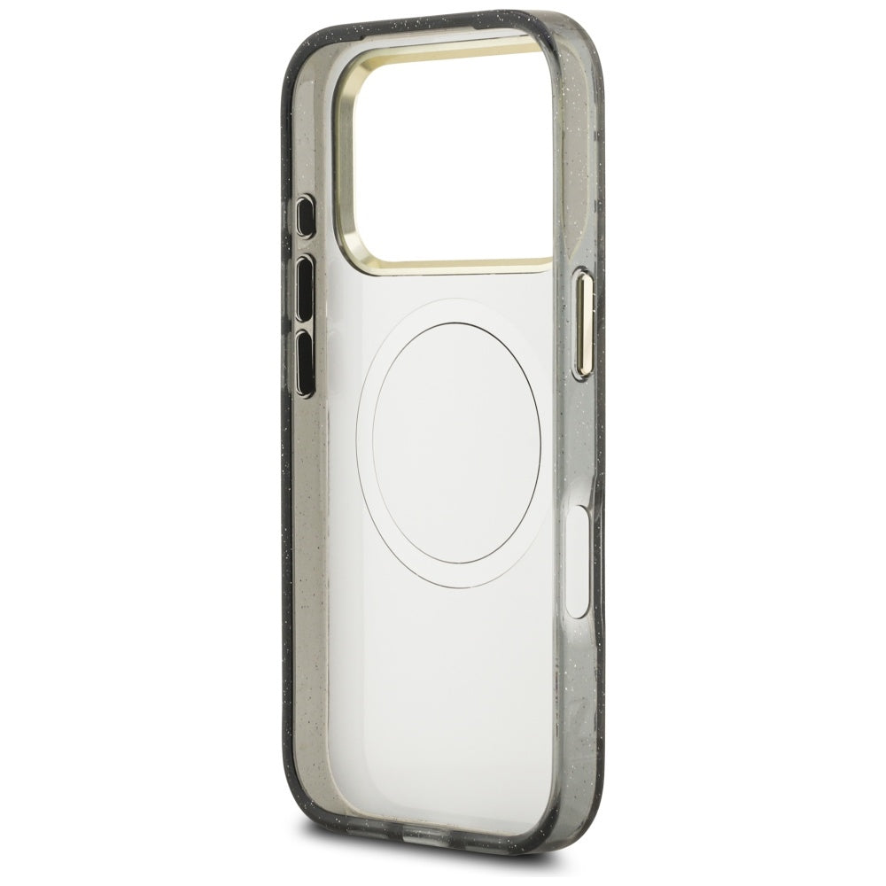 Custodia MagSafe per Apple iPhone 17 Pro Max, Guess, IML Metal Glitter Flowers Triangle, Nera