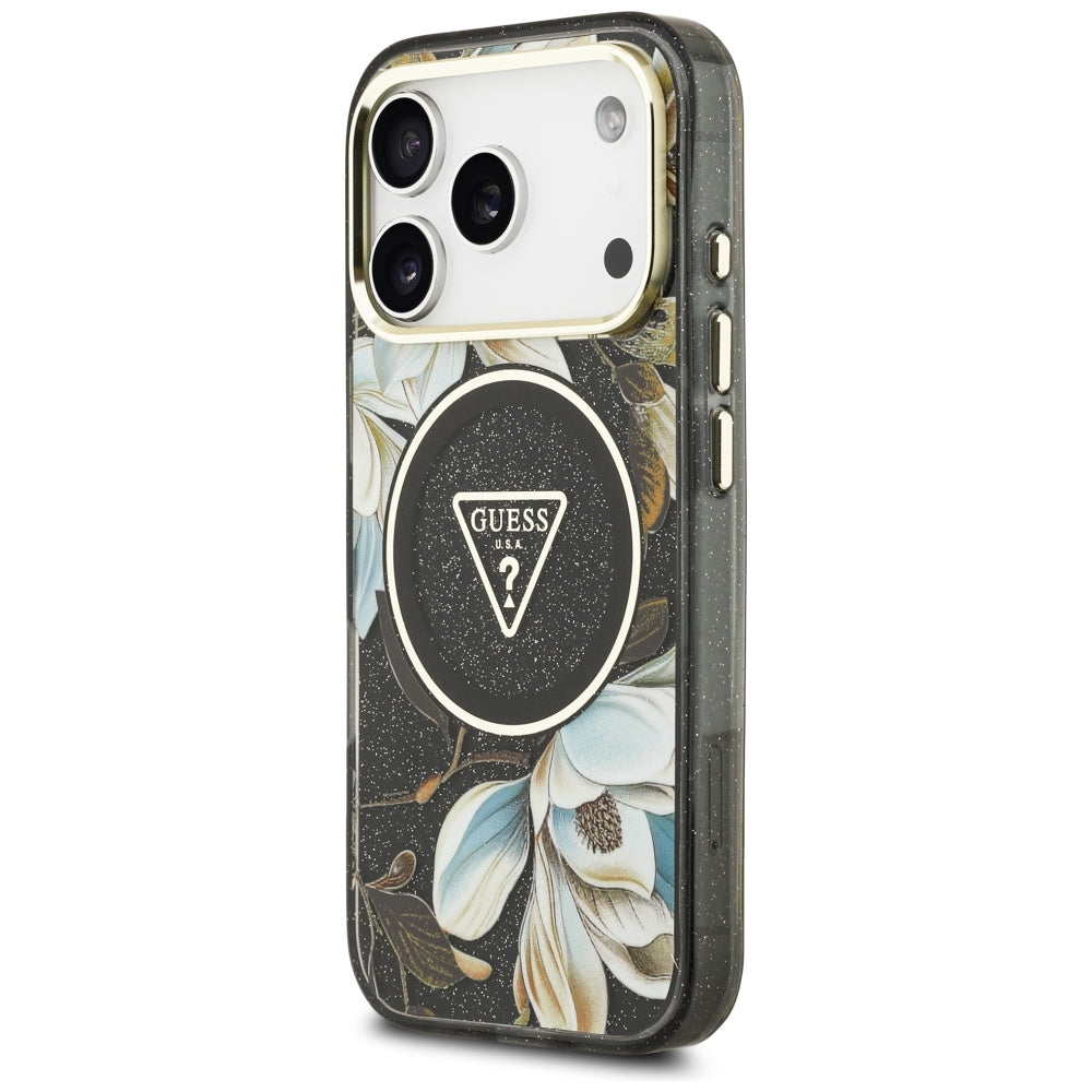 Custodia MagSafe per Apple iPhone 17 Pro Max, Guess, IML Metal Glitter Flowers Triangle, Nera
