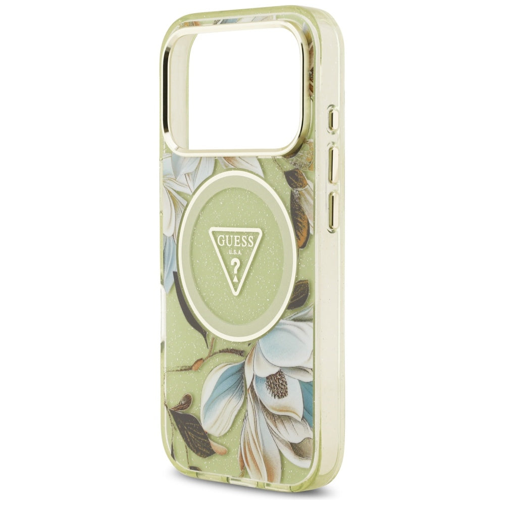 Custodia MagSafe per Apple iPhone 17 Pro Max, Guess, IML Metal Glitter Flowers Triangle, Verde