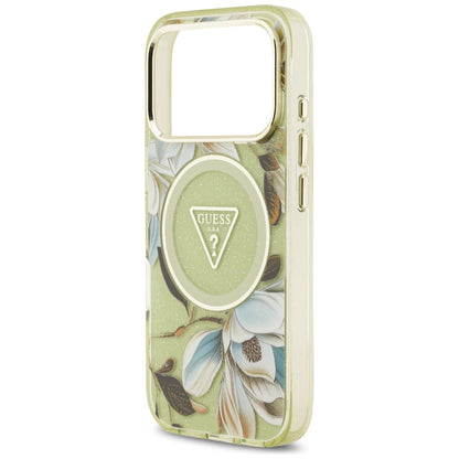 Custodia MagSafe per Apple iPhone 17 Pro Max, Guess, IML Metal Glitter Flowers Triangle, Verde