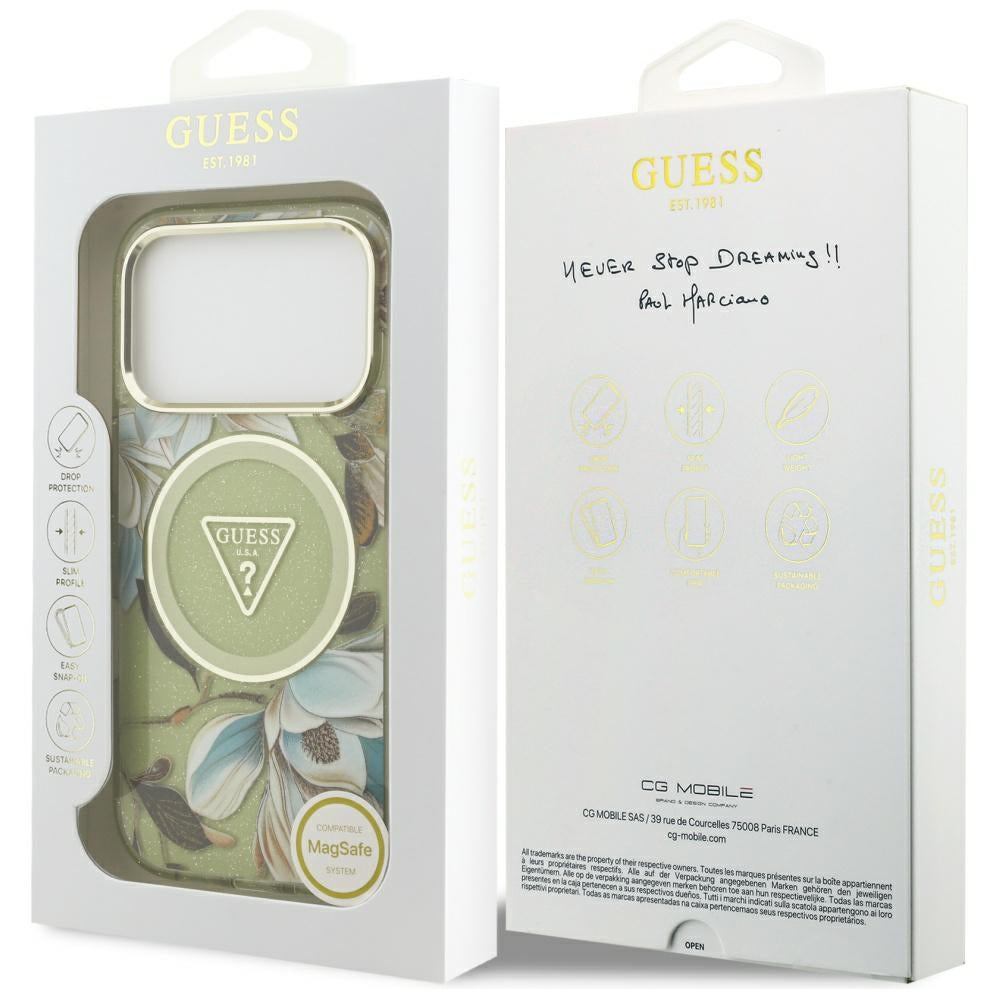 Custodia MagSafe per Apple iPhone 17 Pro Max, Guess, IML Metal Glitter Flowers Triangle, Verde