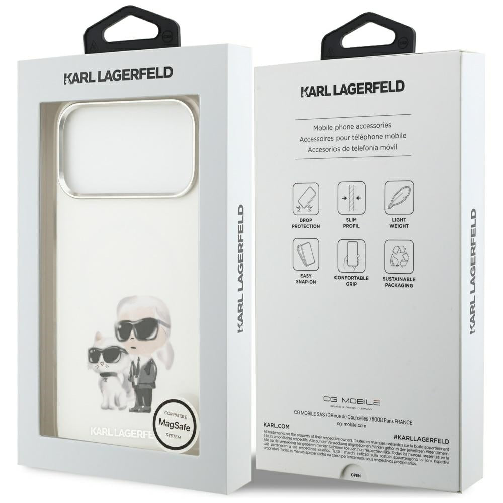 Custodia MagSafe per Apple iPhone 17 Pro Max, Karl Lagerfeld, IML Aquarelle Logo Karl & Choupette, Bianca
