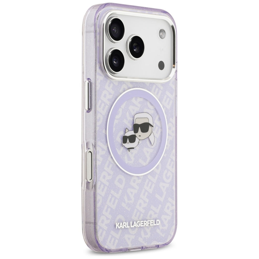 Custodia MagSafe per Apple iPhone 17 Pro Max, Karl Lagerfeld, IML Glitter Karl & Choupette's Heads, Viola