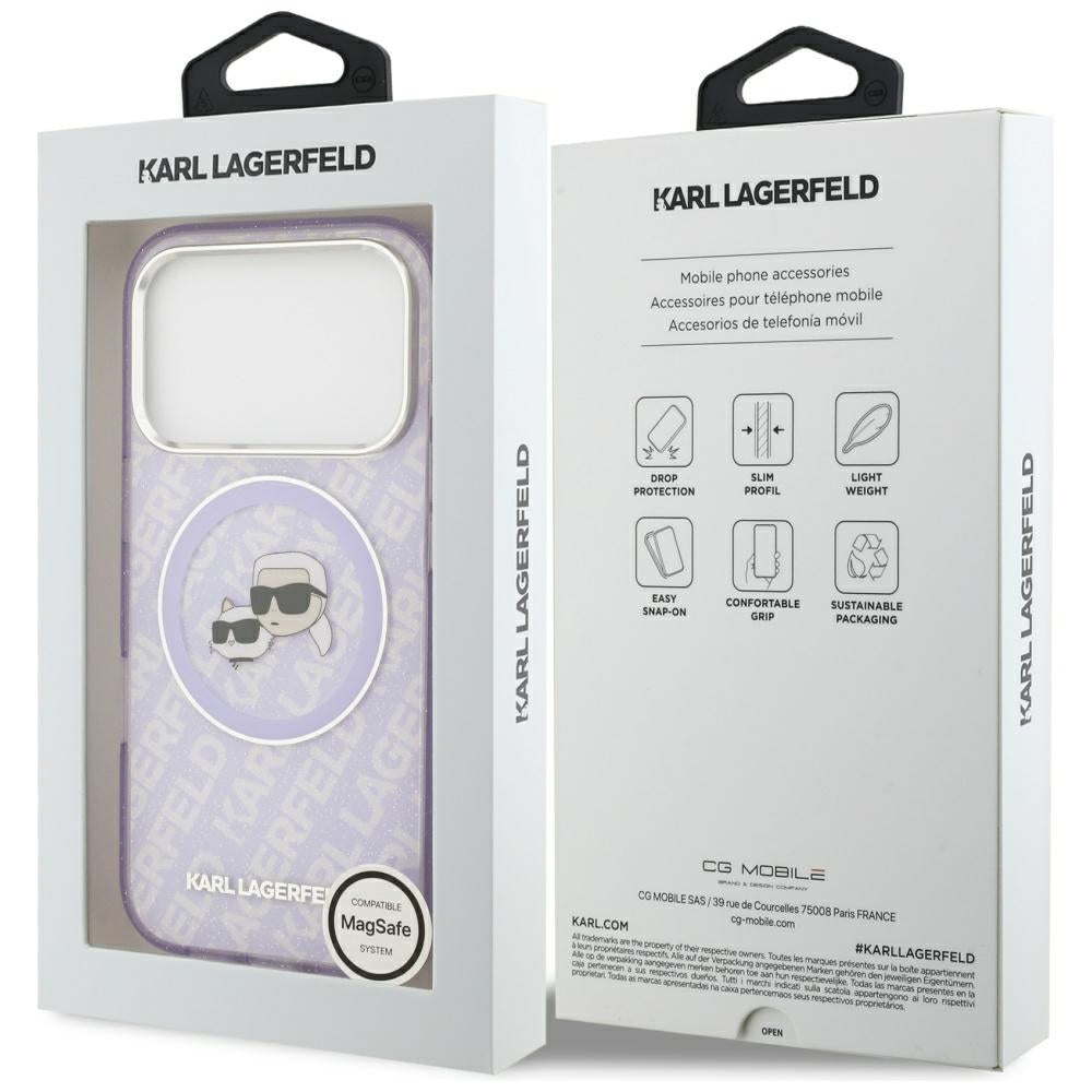 Custodia MagSafe per Apple iPhone 17 Pro Max, Karl Lagerfeld, IML Glitter Karl & Choupette's Heads, Viola