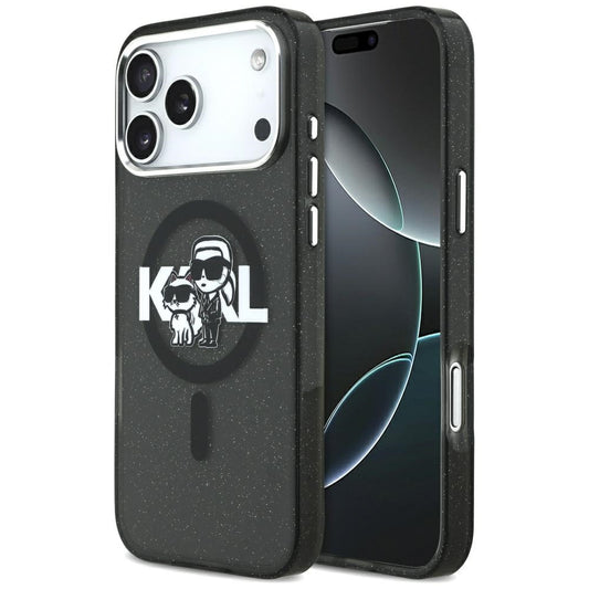 MagSafe Case for Apple iPhone 17 Pro Max, Karl Lagerfeld, IML Sketch Logo Glitter Karl & Choupette, Black