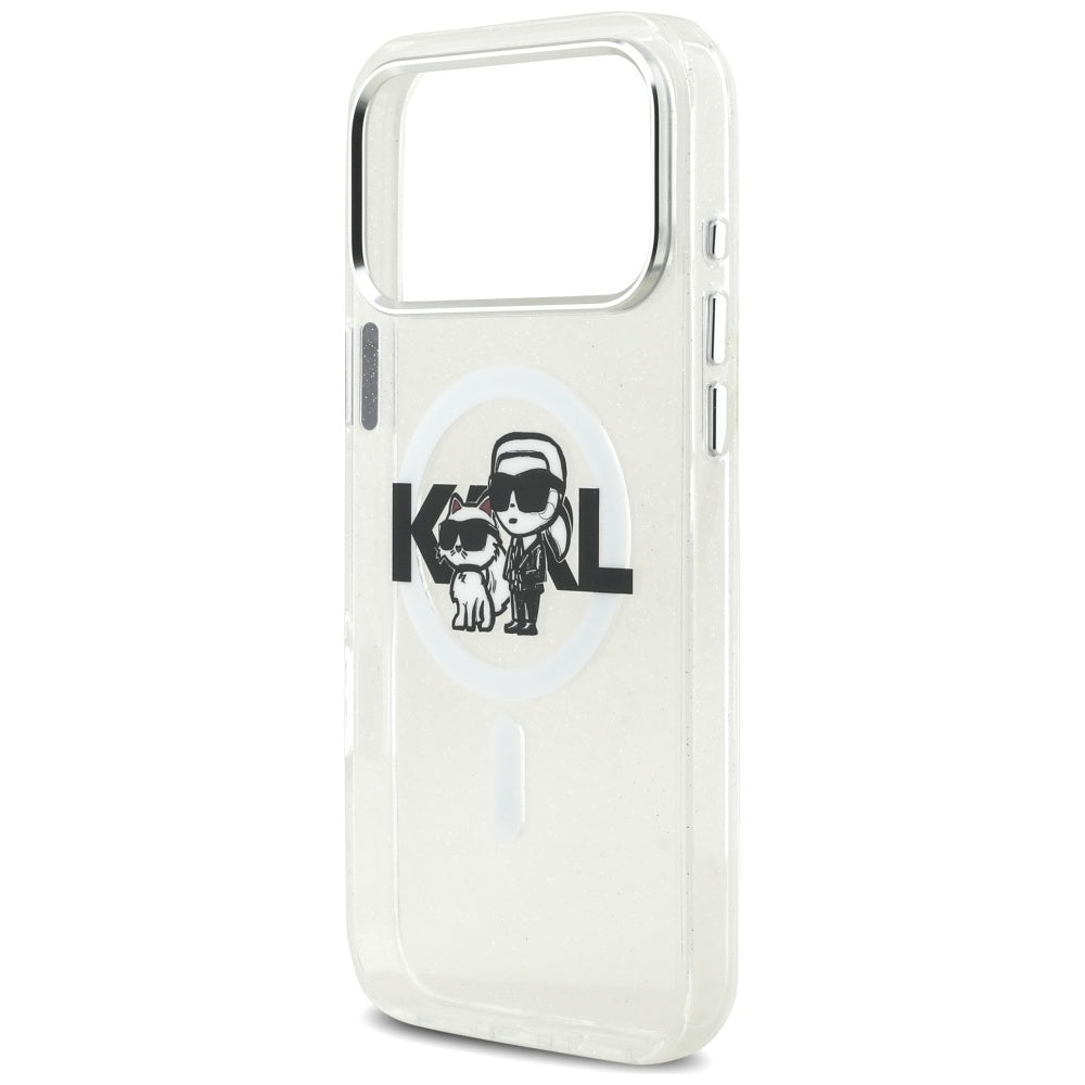 MagSafe Case for Apple iPhone 17 Pro Max, Karl Lagerfeld, IML Sketch Logo Glitter Karl & Choupette, Transparent