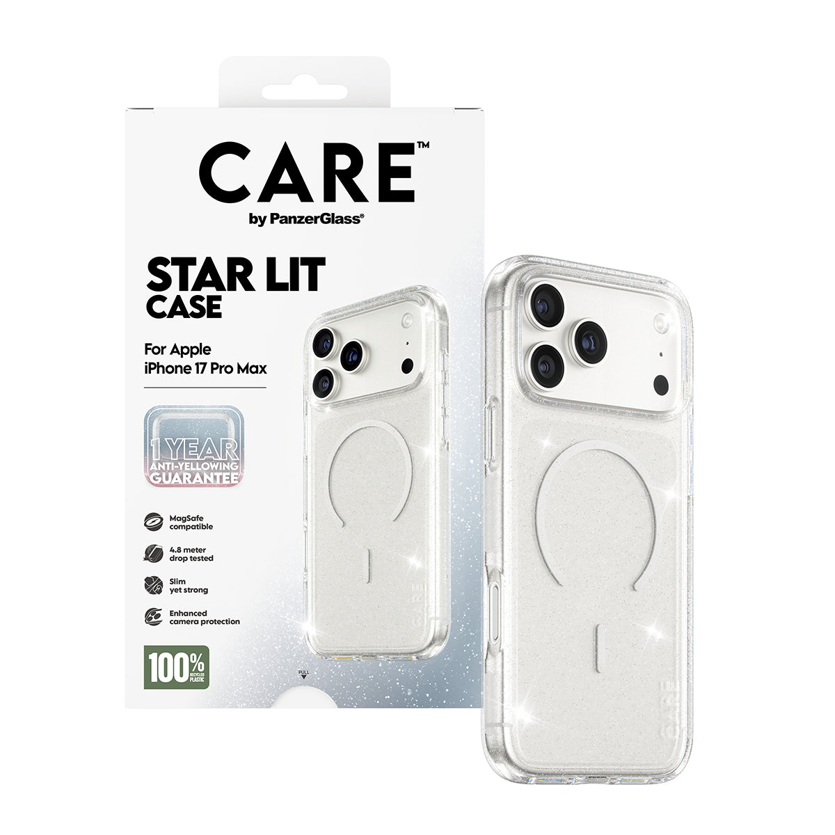 Custodia MagSafe per Apple iPhone 17 Pro, PanzerGlass, Care Urban Explorer Star Lit, Trasparente Bianca