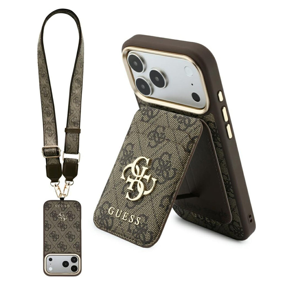 Custodia MagSafe per Apple iPhone 18 Pro / 17 Pro, Guess, 4G Cardslot & Big Strap, Marrone