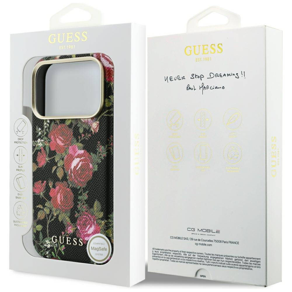 Custodia MagSafe per Apple iPhone 18 Pro / 17 Pro, Guess, Blossom Roses Print, nera