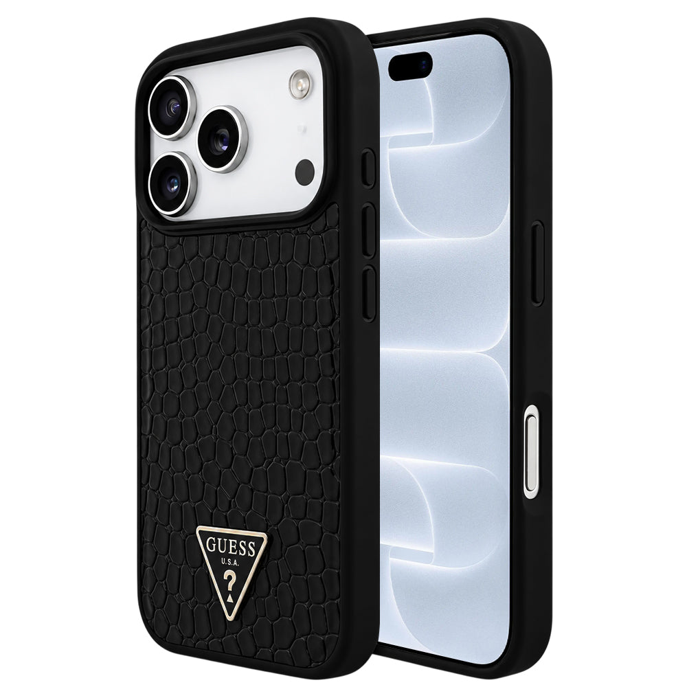Custodia MagSafe per Apple iPhone 18 Pro / 17 Pro, Guess, Croco Triangle Logo, nera