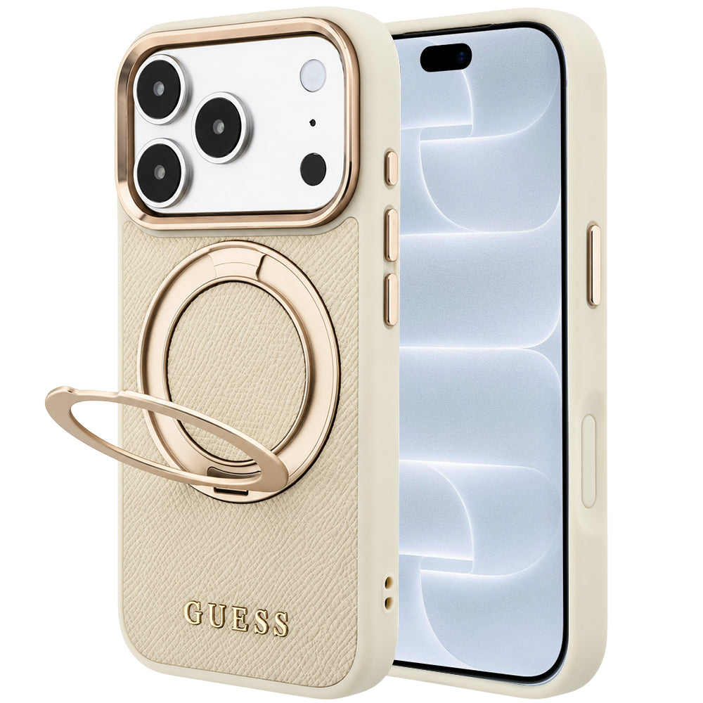 Custodia MagSafe per Apple iPhone 18 Pro / 17 Pro, Guess, Grained Ring Stand 360 Classic, Beige